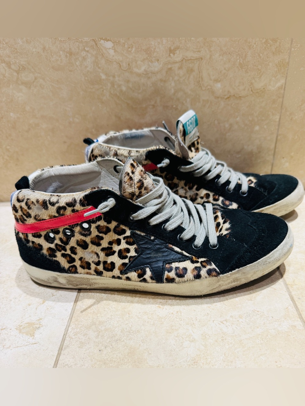 Golden Goose Leopard Pony Hair Mid Star Sneakers w Black Star Pink Stripe 39.5
